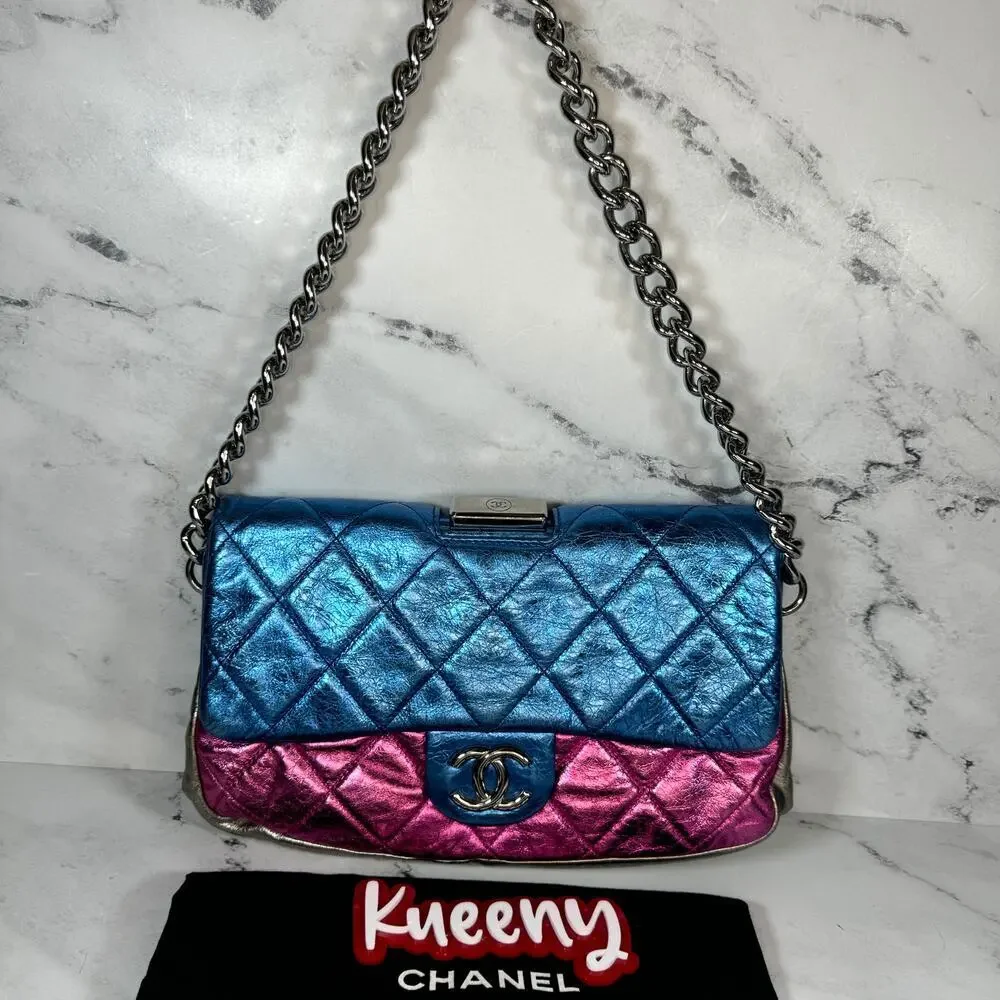 Chanel Metallic Shoulder Bag CC Matelasse Quilted Leather Pink/Blue/Black/Silver - Picture 2 of 16